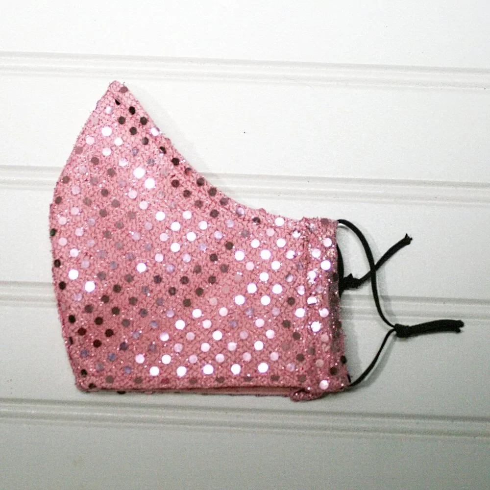 HAND CRAFTED Face Mask Baby Pink Confetti Dot Sequin - Adult - Shield Style
